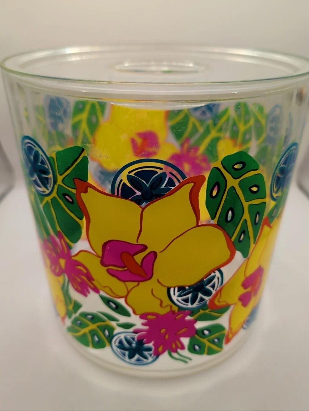 Vintage Acrylic Ice Bucket Tropical Floral Hawaiian Tiki Barware Retro 1980s